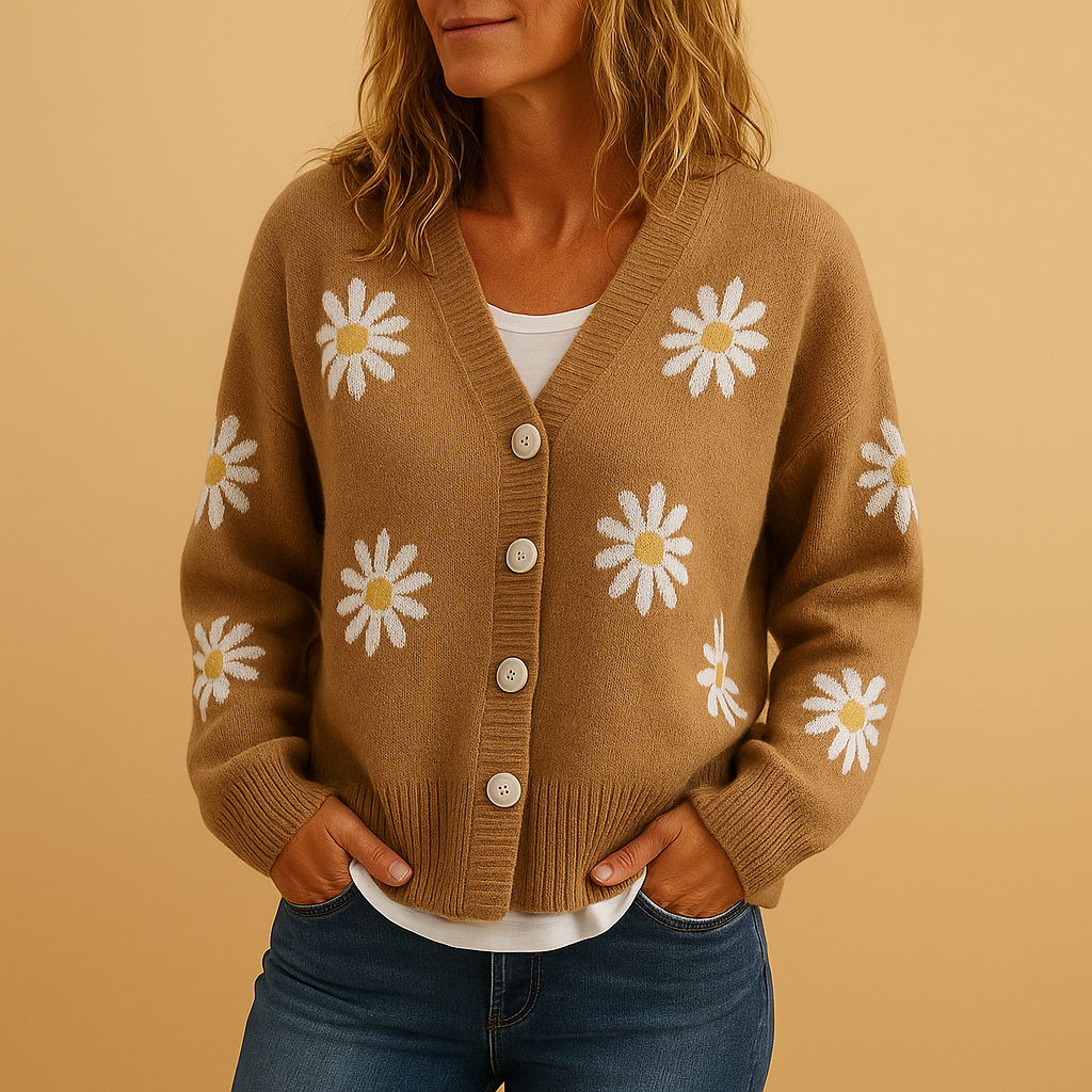 Women's Knitted Cardigan with Buttons – Floral Pattern and Cosy Feel