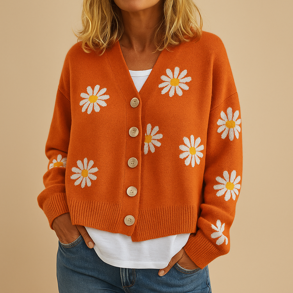 Women's Knitted Cardigan with Buttons – Floral Pattern and Cosy Feel