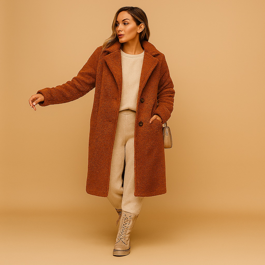 Beige Long Teddy Coat for Women – Oversized Ladies Winter Jacket