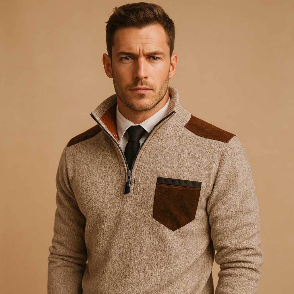 Men’s Half Zip Sweater with Collar and Chest Pocket – Warm and Versatile