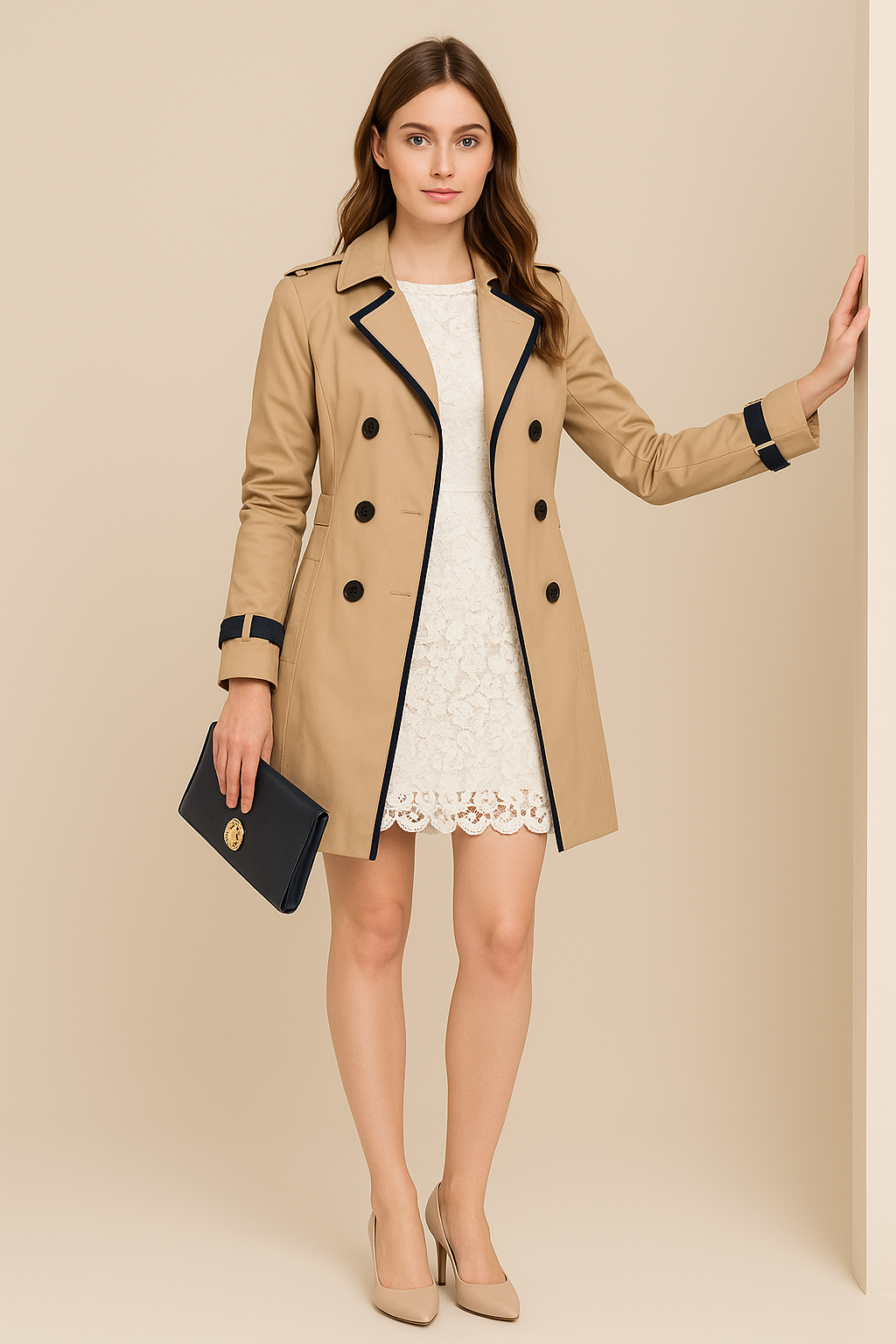 Women’s Double-Breasted Trench Coat with Contrast Trim